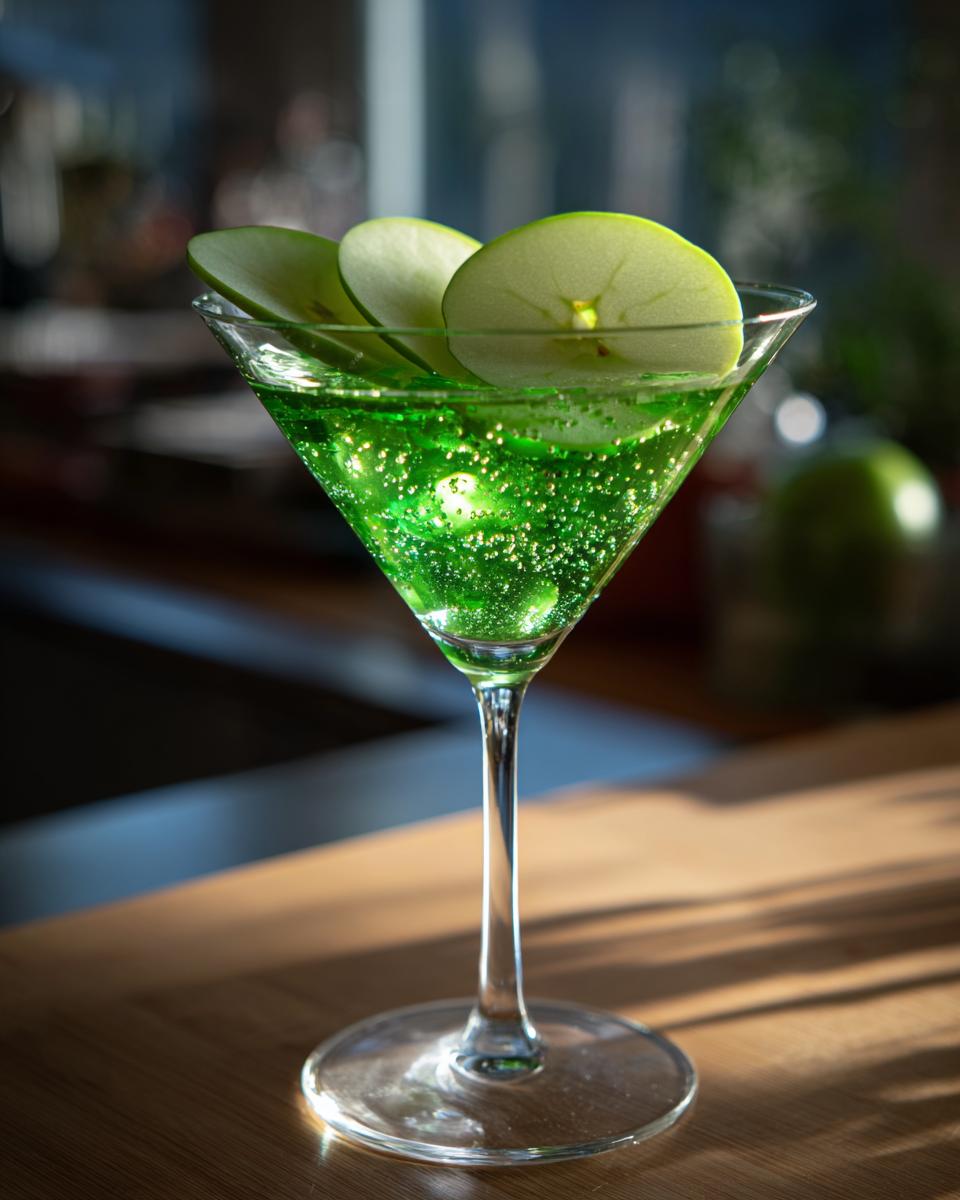Close-up of an Emerald Green Apple Martini in a martini glass, garnished with apple slices.