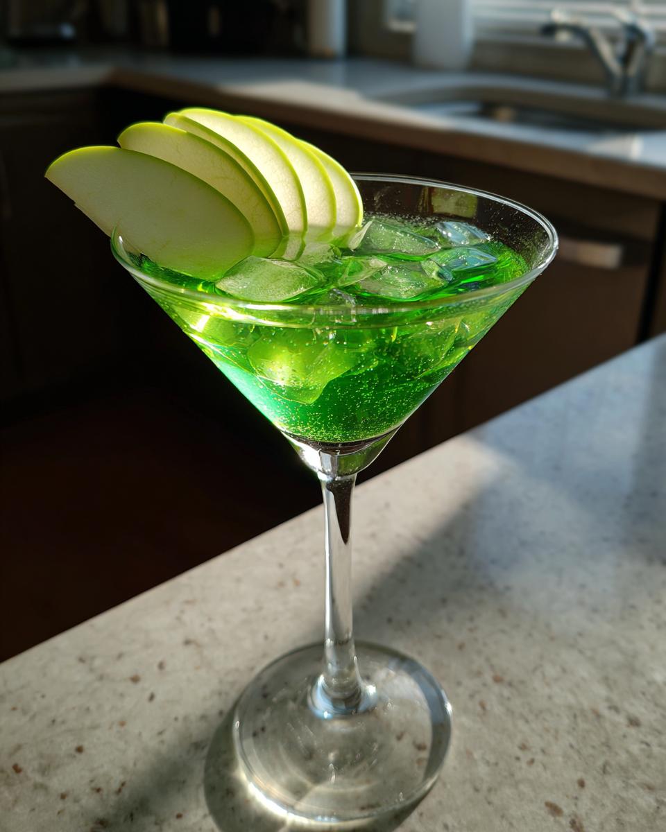 Close-up of an Emerald Green Apple Martini garnished with apple slices.