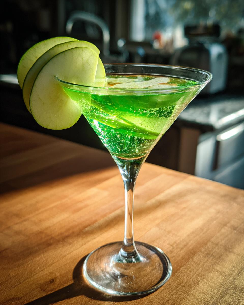 Close-up of an Emerald Green Apple Martini in a martini glass, garnished with apple slices.