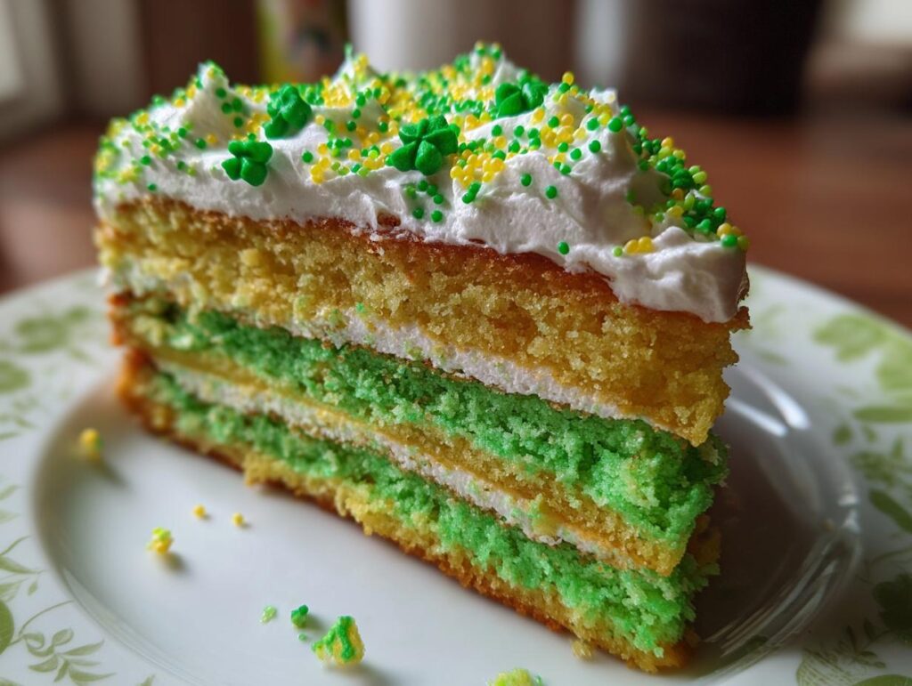 A slice of delicious Four-Leaf Clover Sugar Cookie Cake on a plate, decorated with green and yellow sprinkles.