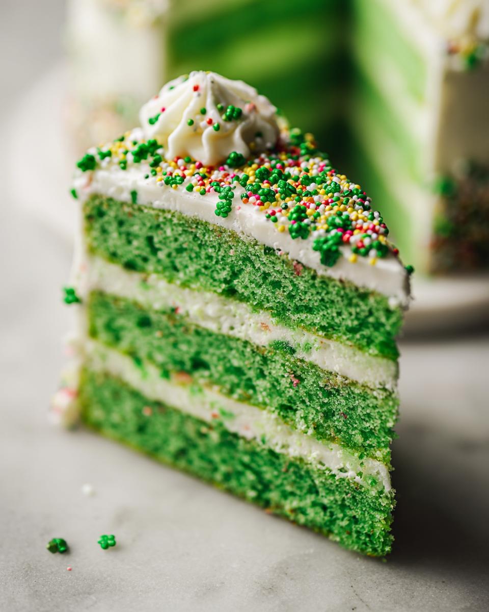 A slice of Four-Leaf Clover Sugar Cookie Cake with green layers, white frosting, and sprinkles.