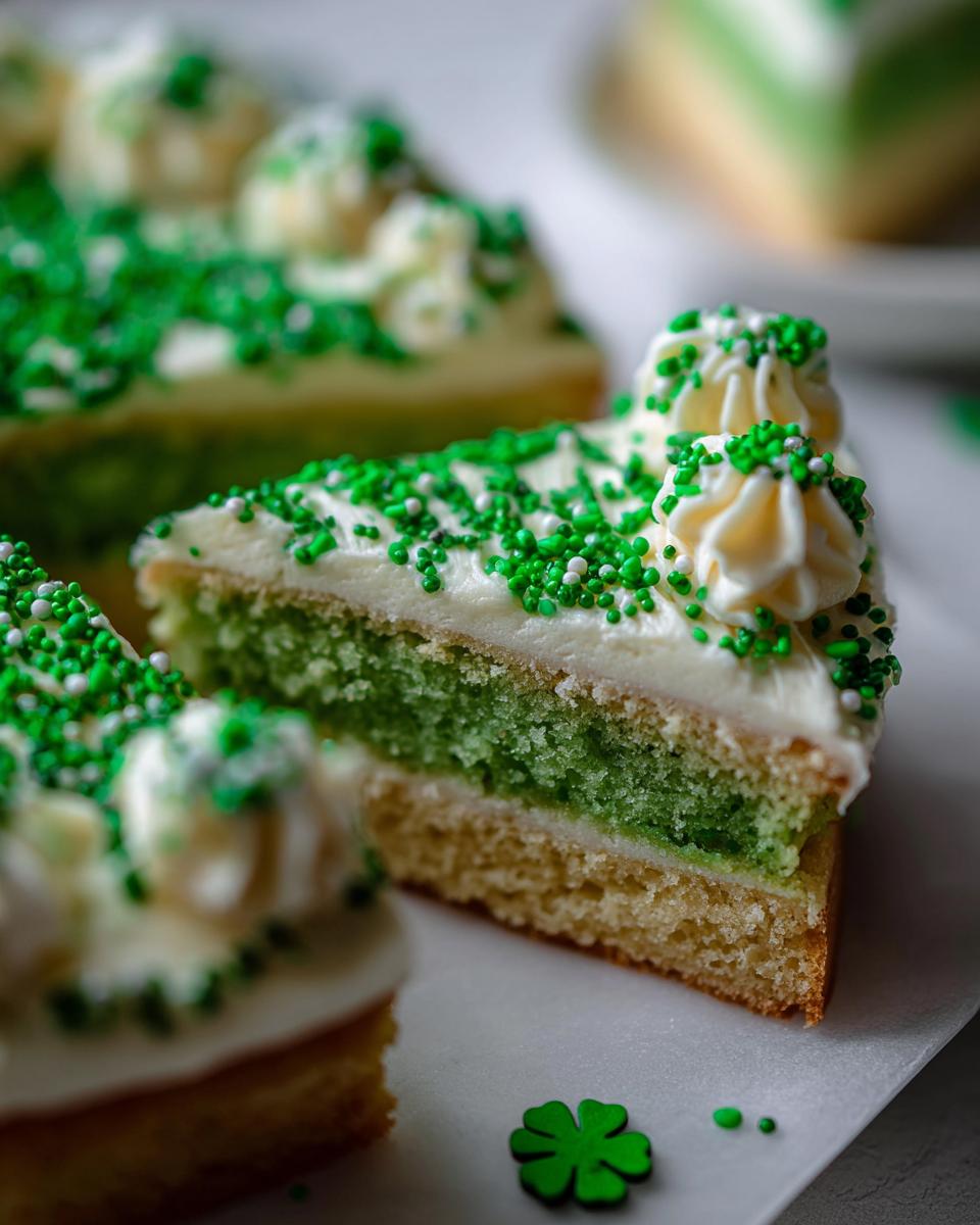 Close-up of a slice of Four-Leaf Clover Sugar Cookie Cake with green sprinkles and frosting.