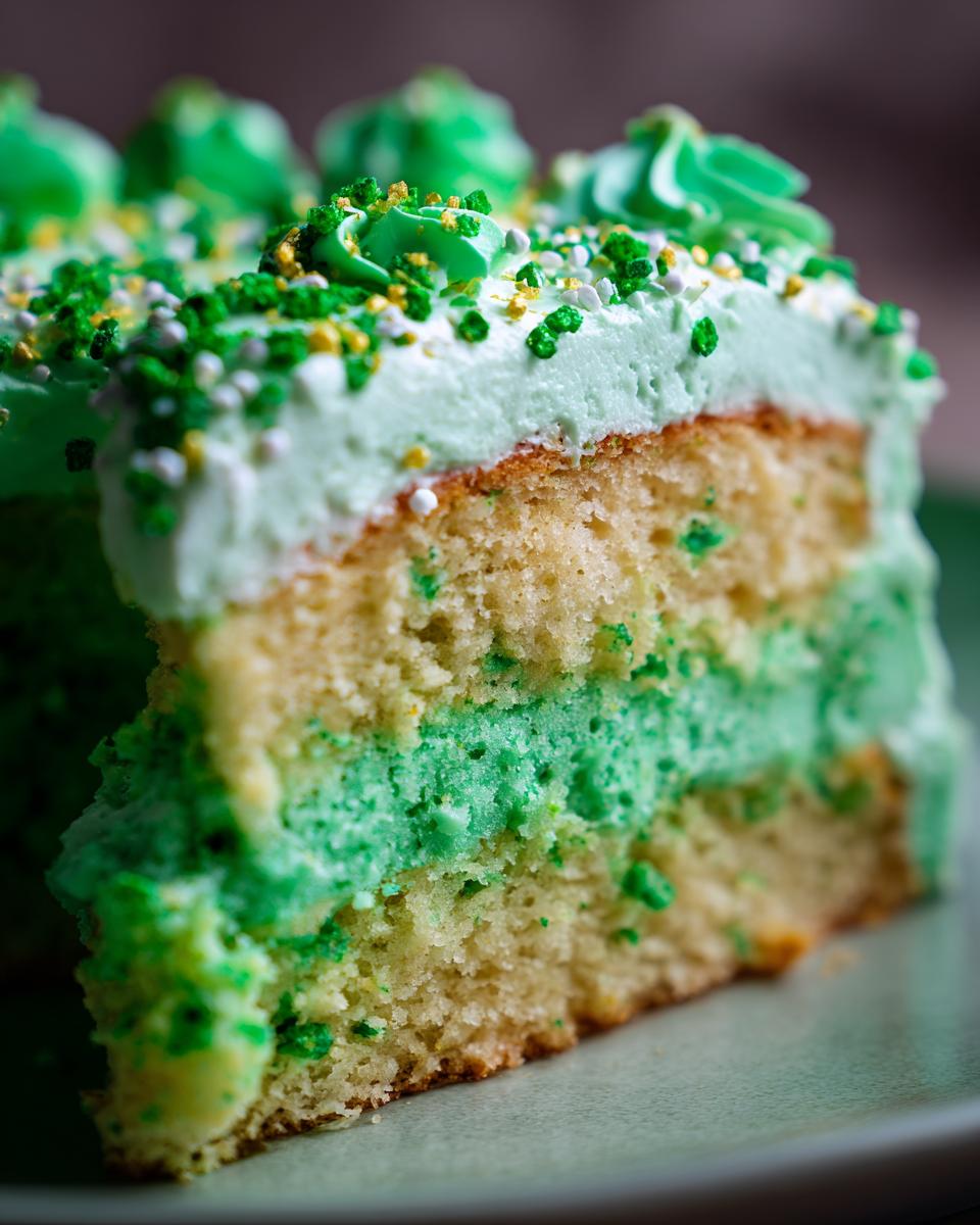 Close-up of a slice of Four-Leaf Clover Sugar Cookie Cake, showing layers of cake and frosting.