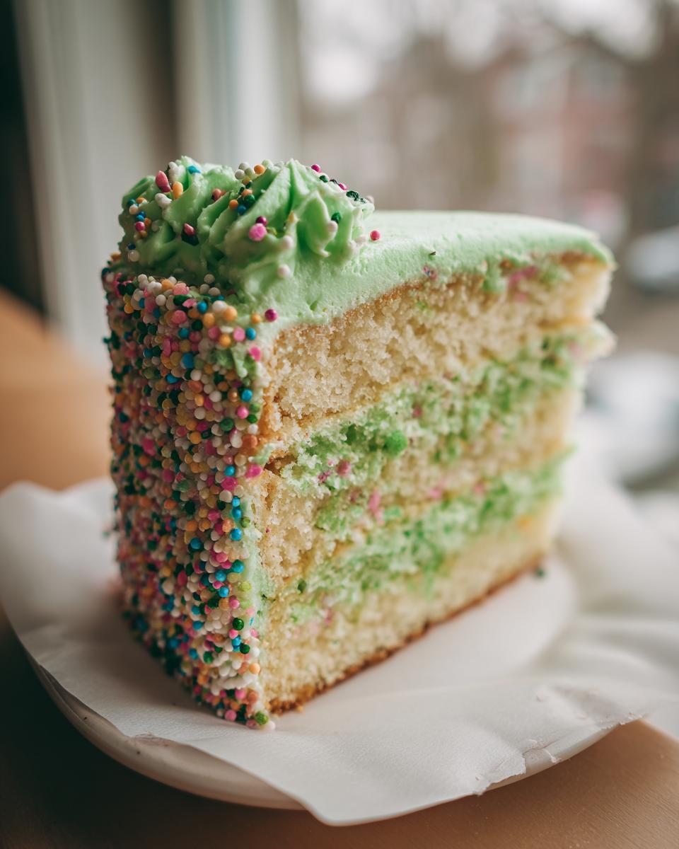 A slice of Four-Leaf Clover Sugar Cookie Cake with green frosting and sprinkles on a plate.