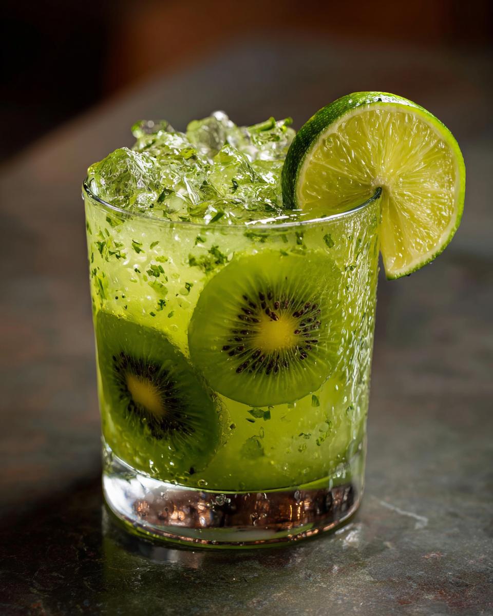 Close-up of a Green Margarita with Kiwi, garnished with lime and kiwi slices.
