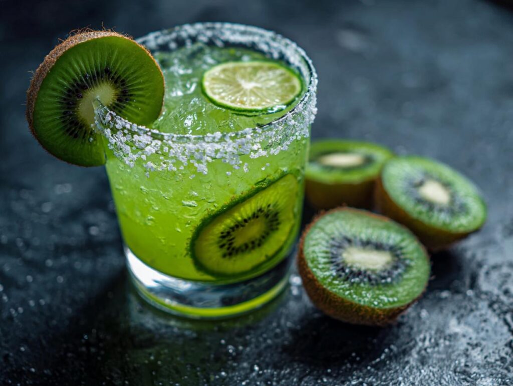 A vibrant Green Margarita with Kiwi, garnished with kiwi slices and a lime wedge, on a dark background.