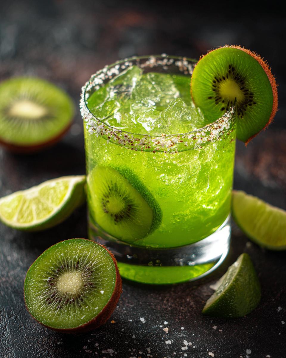Close-up of a vibrant Green Margarita with Kiwi, garnished with kiwi slices and lime wedges.