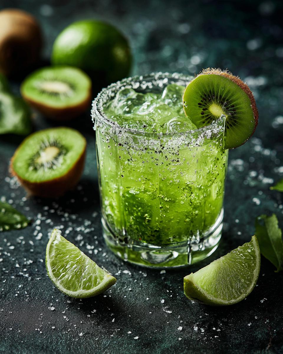 A vibrant Green Margarita with Kiwi, garnished with a kiwi slice and lime wedges.