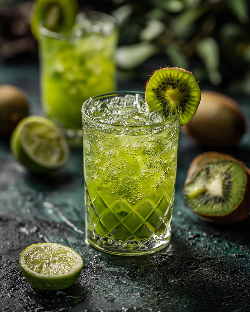 A vibrant Green Margarita with Kiwi, garnished with kiwi slice, on a dark background.