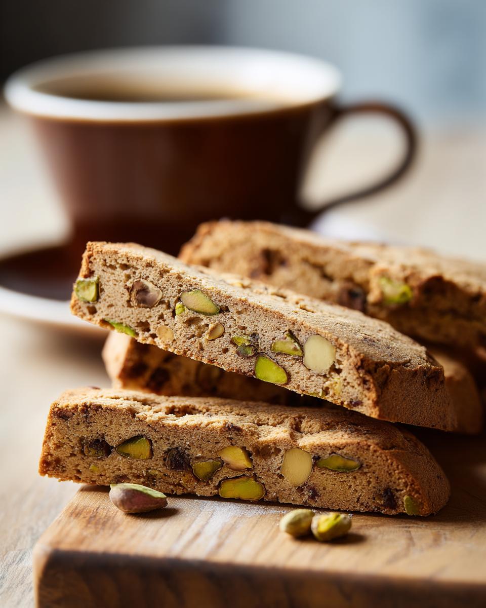 Close-up of Green Pistachio Biscotti slices with visible pistachios, served with coffee.