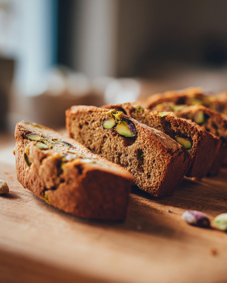Close-up of sliced Green Pistachio Biscotti on a wooden board, showing pistachios.