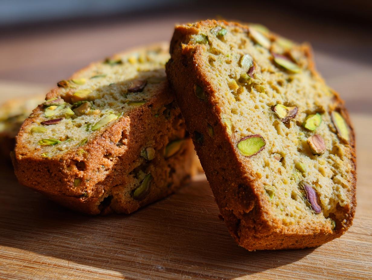 Close-up of two slices of Green Pistachio Biscotti, showing the texture and pistachios.