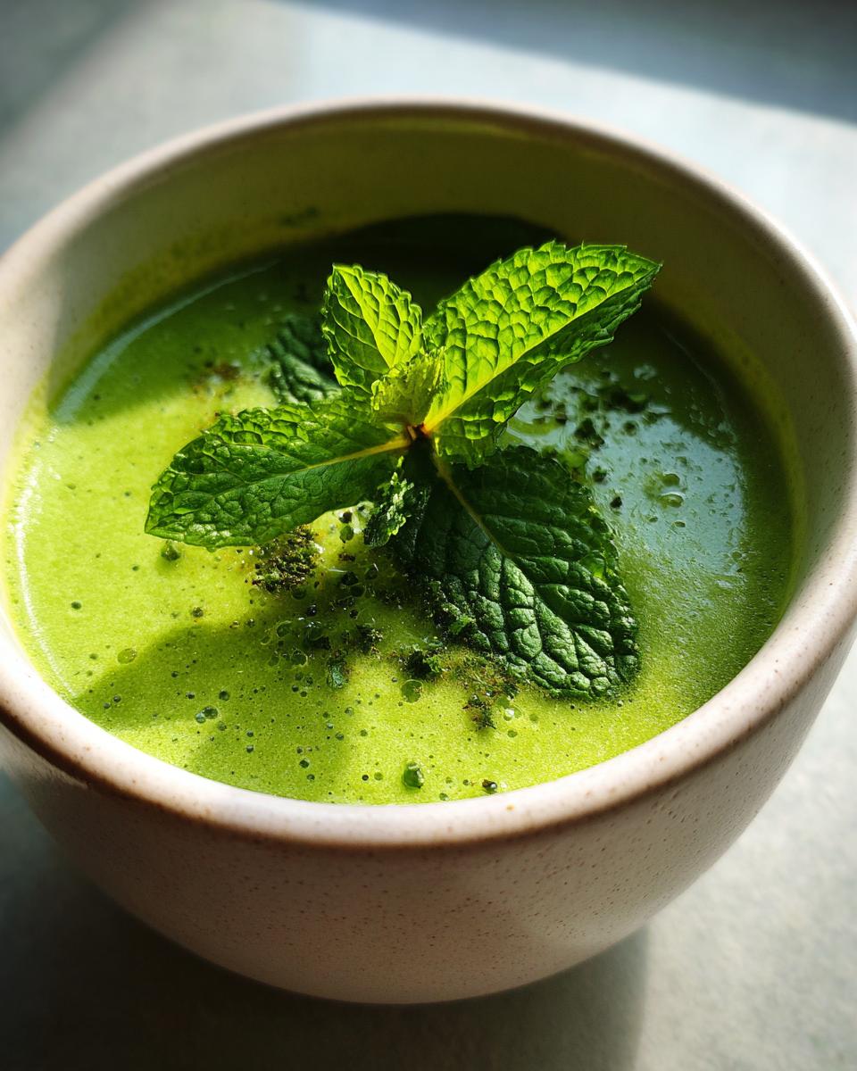 Close-up of a bowl of Green Split Pea Soup with Mint, garnished with fresh mint leaves.