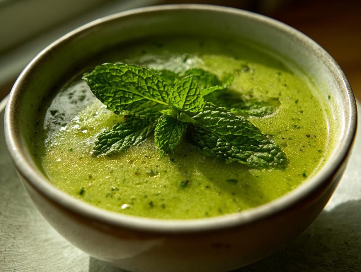 Close-up of a bowl of Green Split Pea Soup with Mint, garnished with fresh mint leaves.