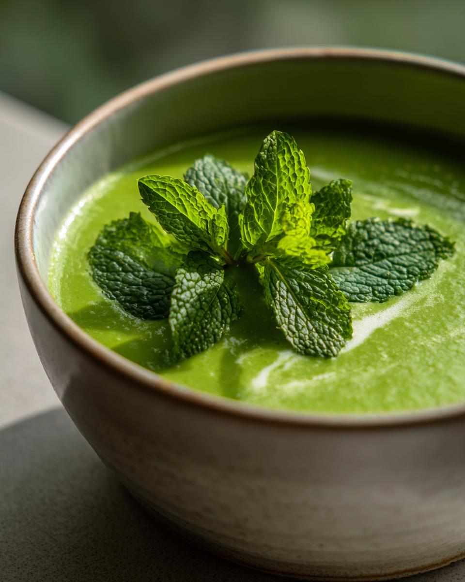 Close-up of Green Split Pea Soup with Mint, garnished with fresh mint leaves.
