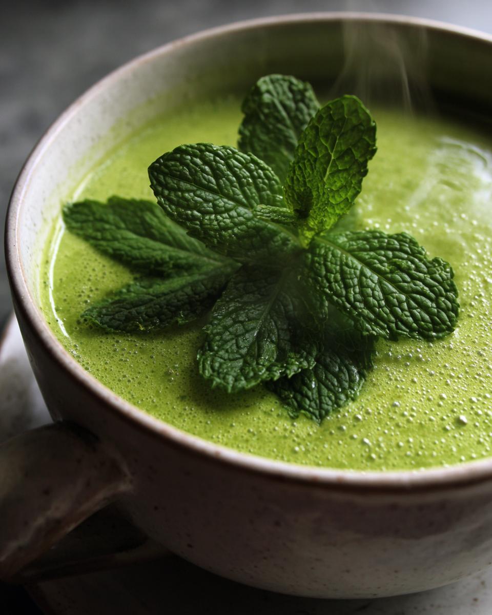 Close-up of a bowl of Green Split Pea Soup with Mint, garnished with fresh mint leaves.
