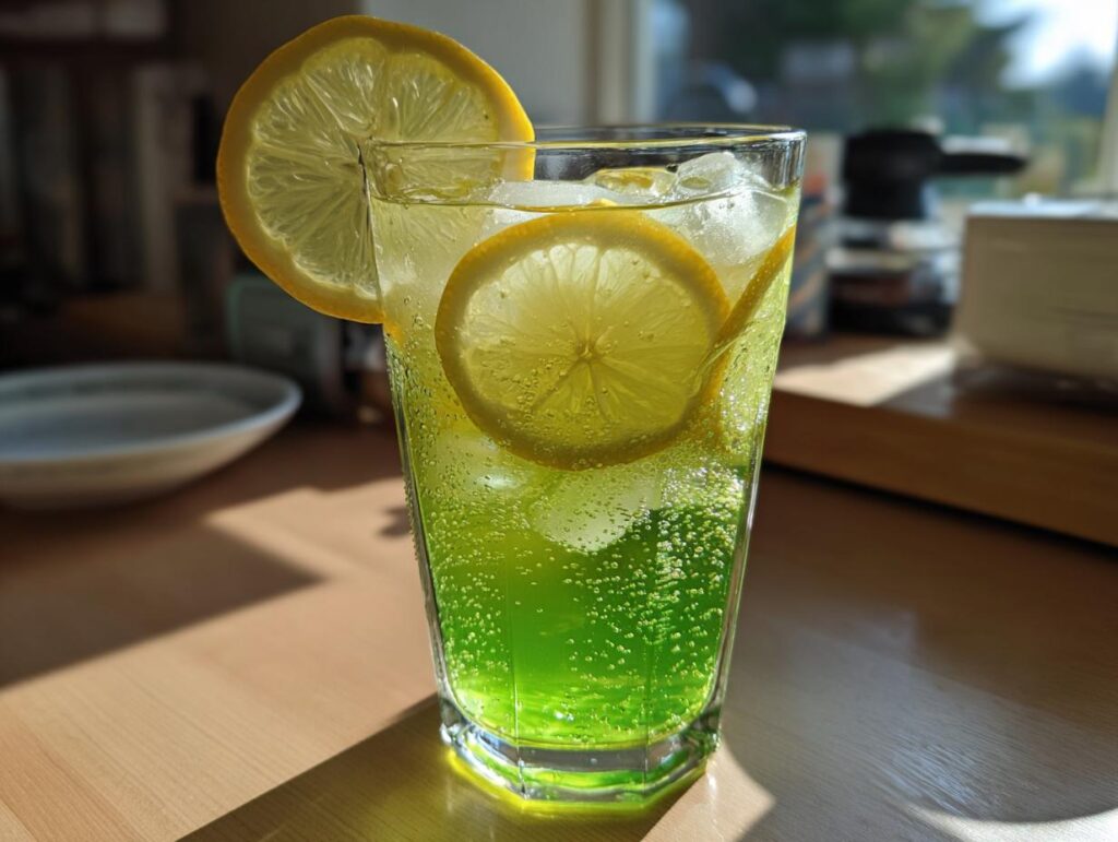 A tall glass of Green Tea and Honey Lemonade with lemon slices and ice.