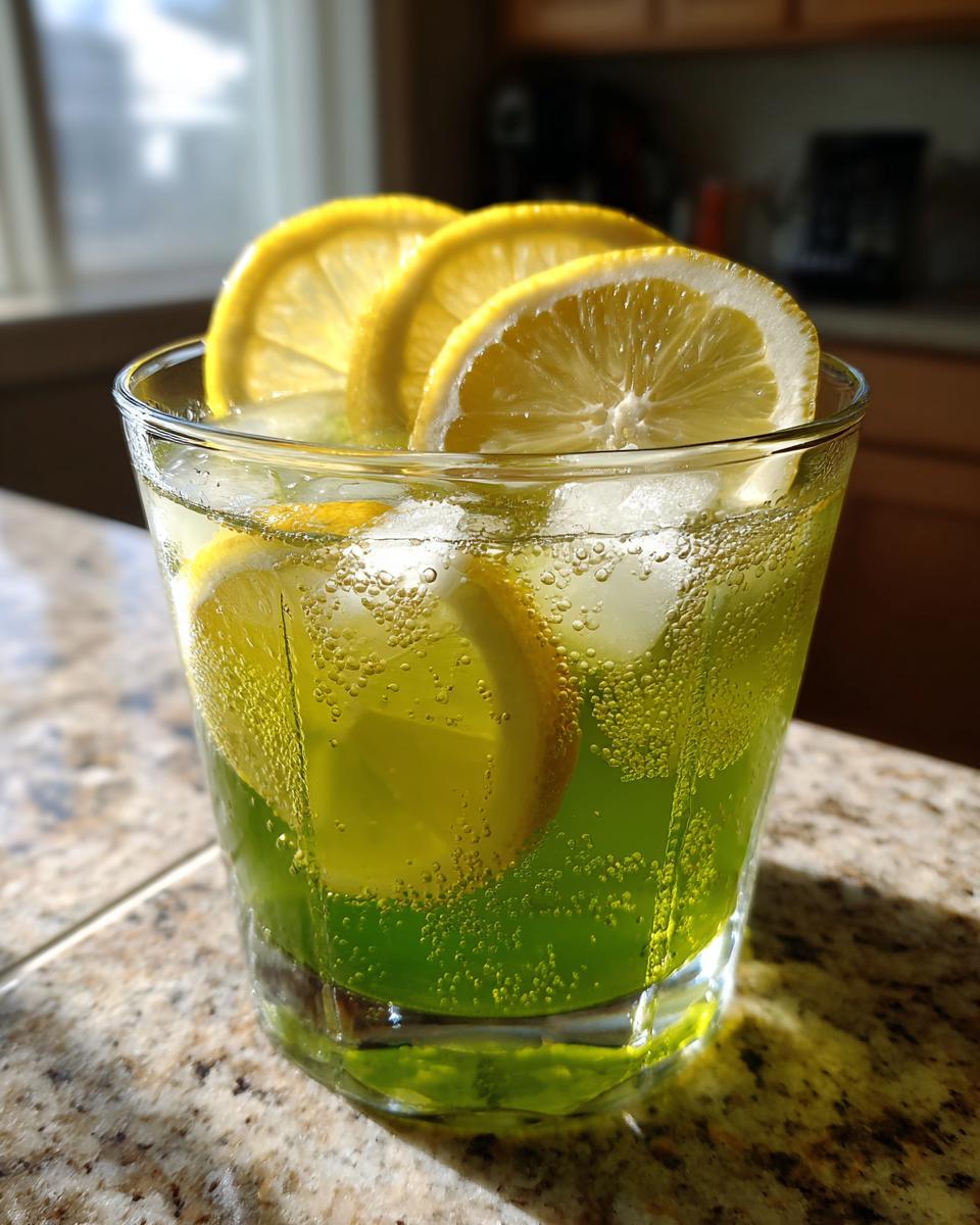 Glass of Green Tea and Honey Lemonade with lemon slices and ice.