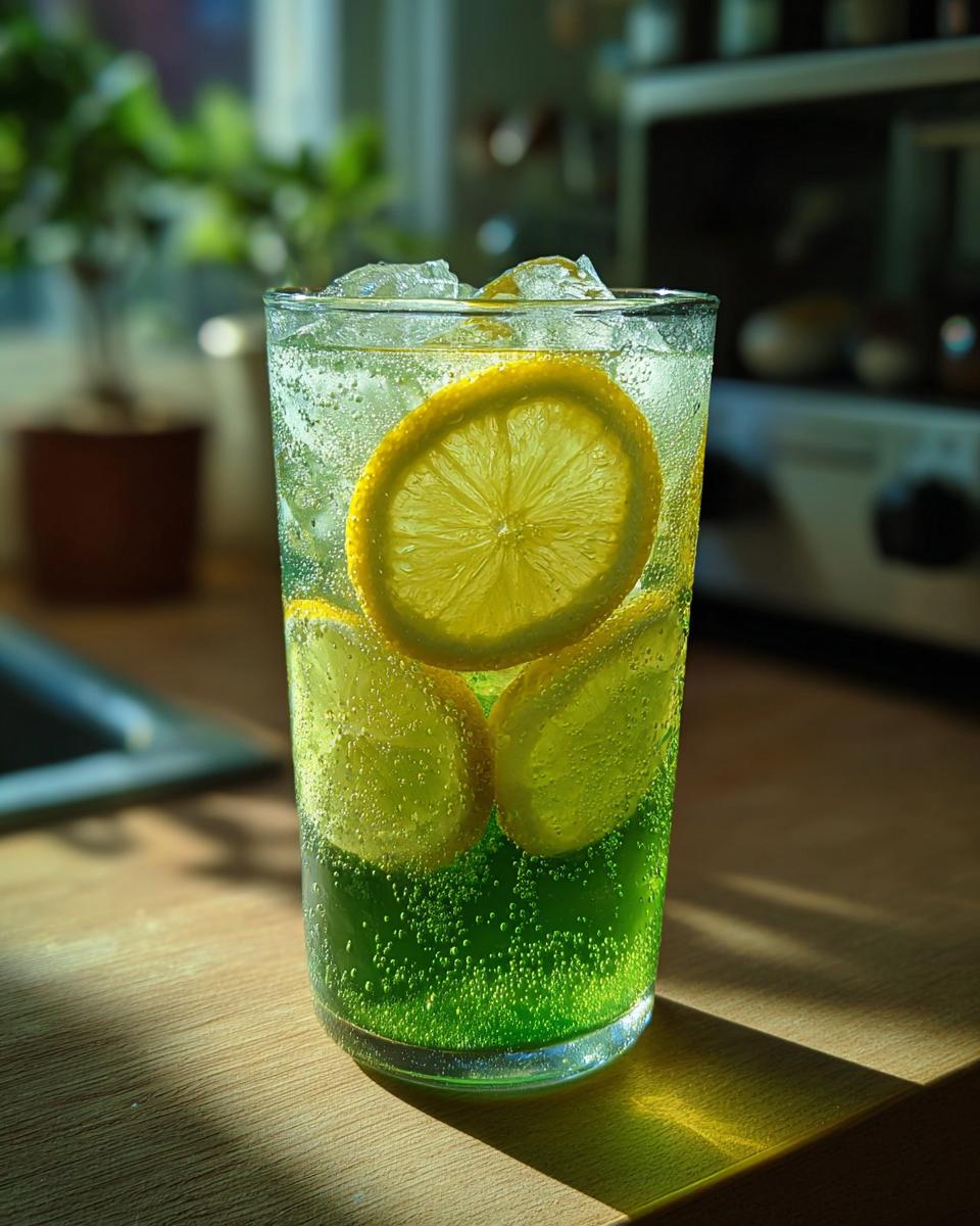 A tall glass of Green Tea and Honey Lemonade with lemon slices and ice.