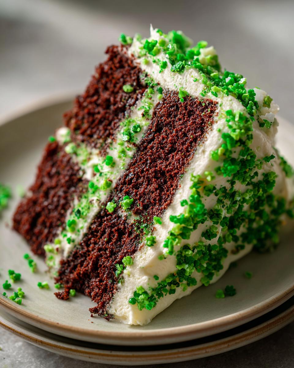 A slice of Green Velvet Cake with Shamrock Sprinkles on a plate, showing layers and frosting.