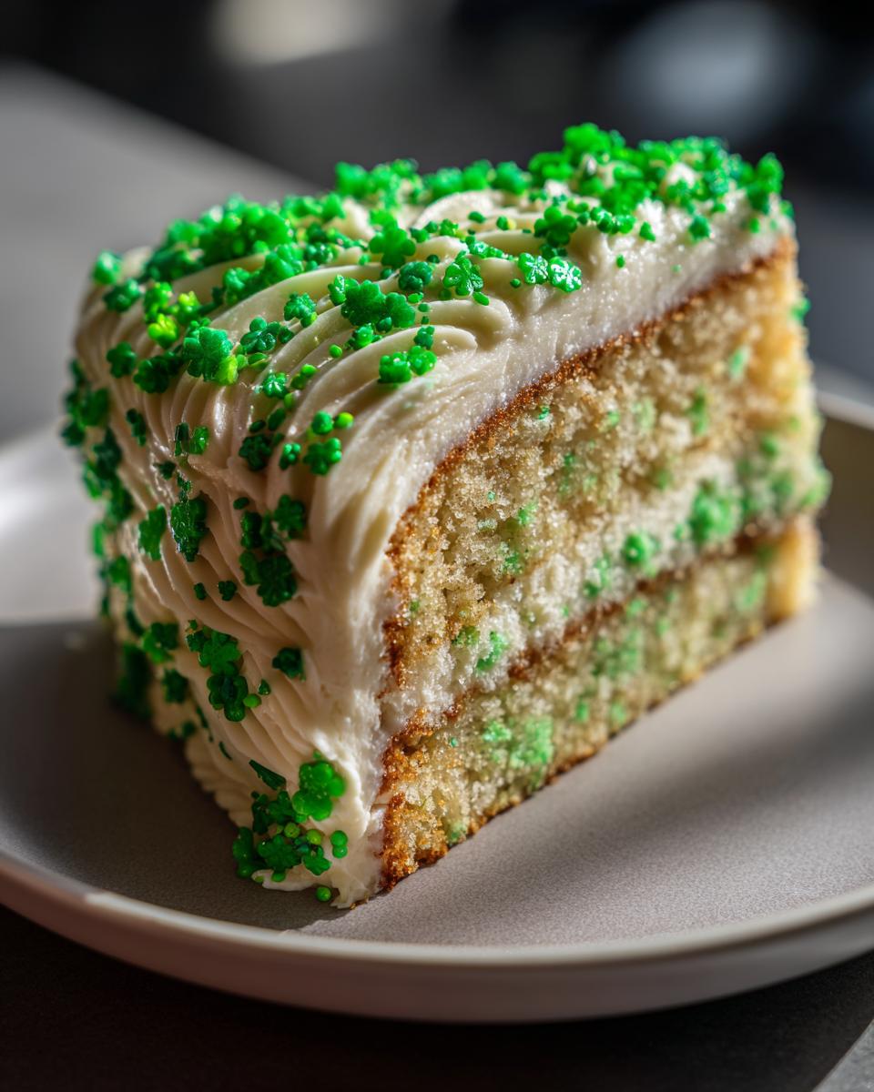 A slice of Green Velvet Cake with Shamrock Sprinkles on a plate, decorated with green sprinkles.