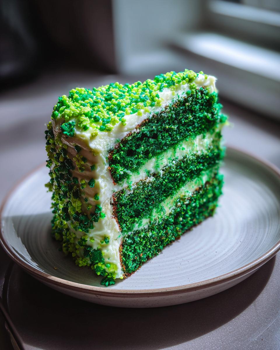 A slice of Green Velvet Cake with Shamrock Sprinkles, showing layers of green cake and white frosting.