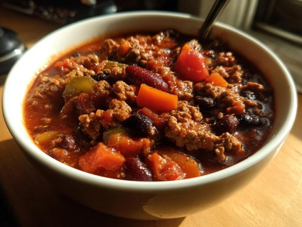 Close-up of a bowl of Guinness Beer Chili with meat, beans, and vegetables.