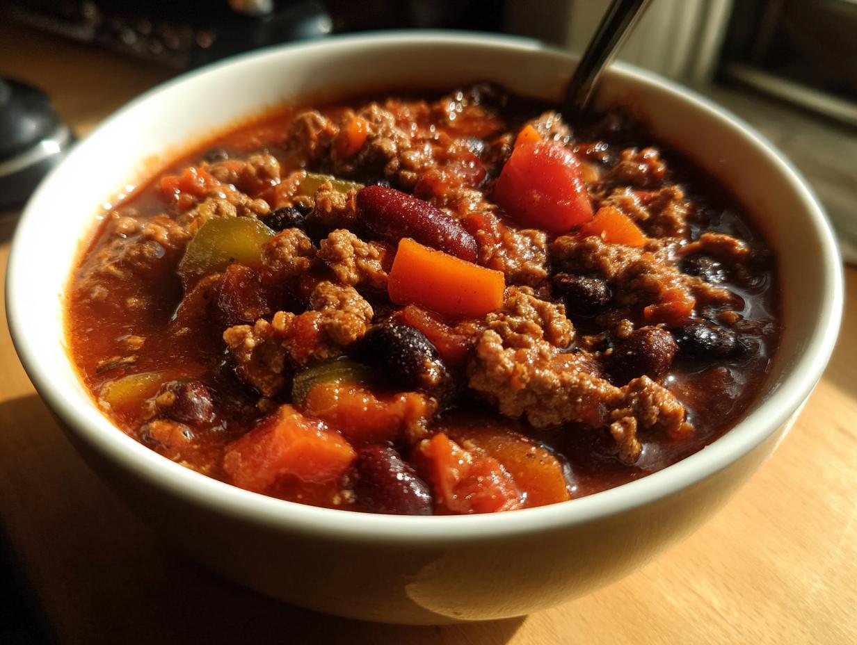 Close-up of a bowl of Guinness Beer Chili with meat, beans, and vegetables.