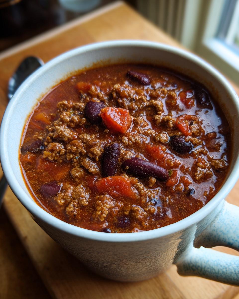 Close-up of a mug filled with delicious Guinness Beer Chili, showing beans, meat, and vegetables.