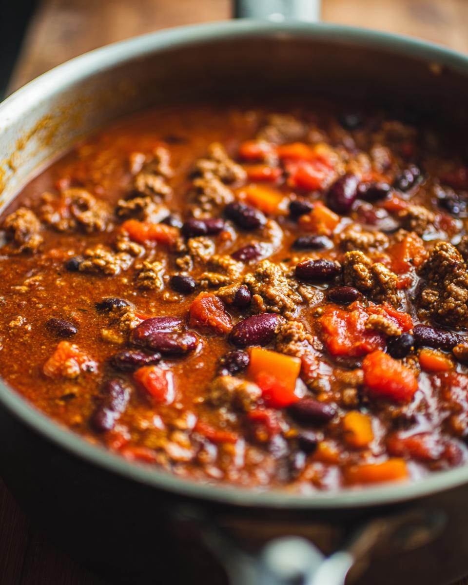 Close-up of a pot of Guinness Beer Chili with beans, tomatoes, and ground meat.