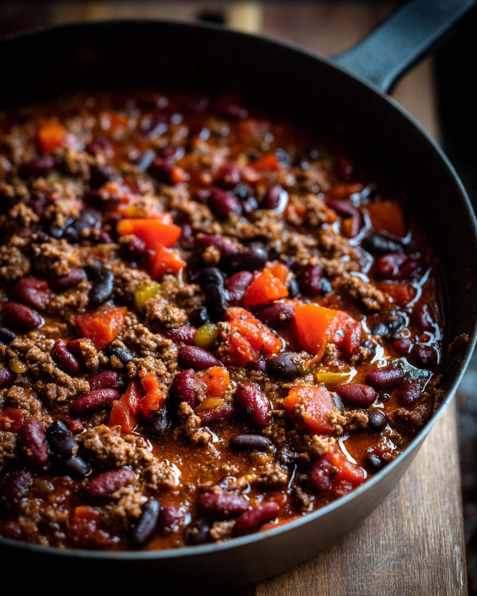 Close-up of a skillet filled with delicious Guinness Beer Chili, featuring ground meat and beans.