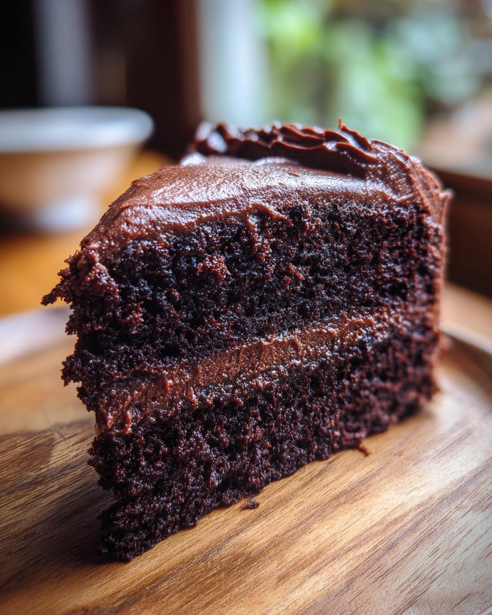 Close-up of a slice of Guinness Chocolate Layer Cake on a wooden plate, showing layers and frosting.