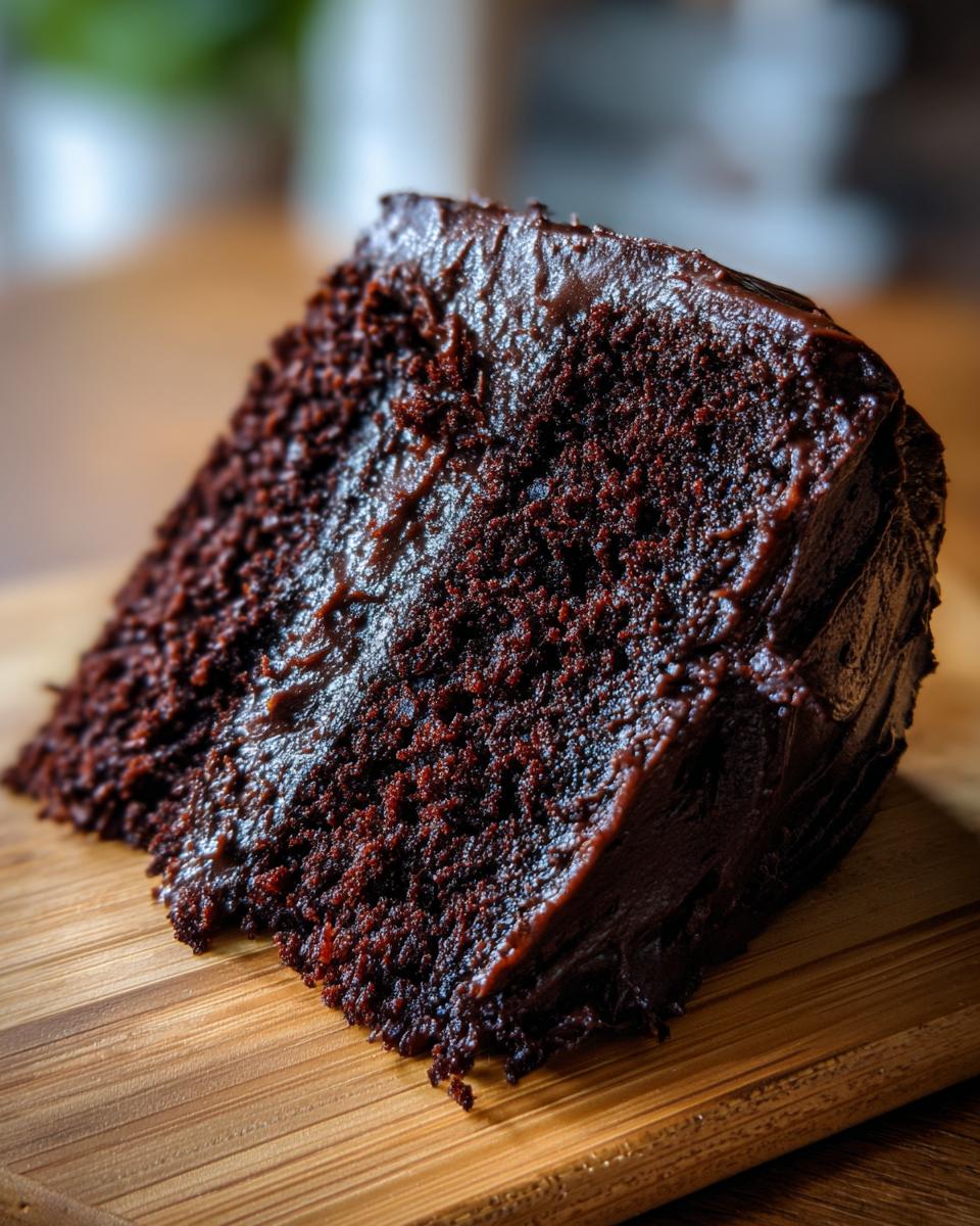 Close-up of a slice of Guinness Chocolate Layer Cake on a wooden surface.