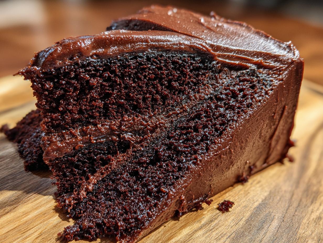 Close-up of a slice of Guinness Chocolate Layer Cake with chocolate frosting on a wooden board.