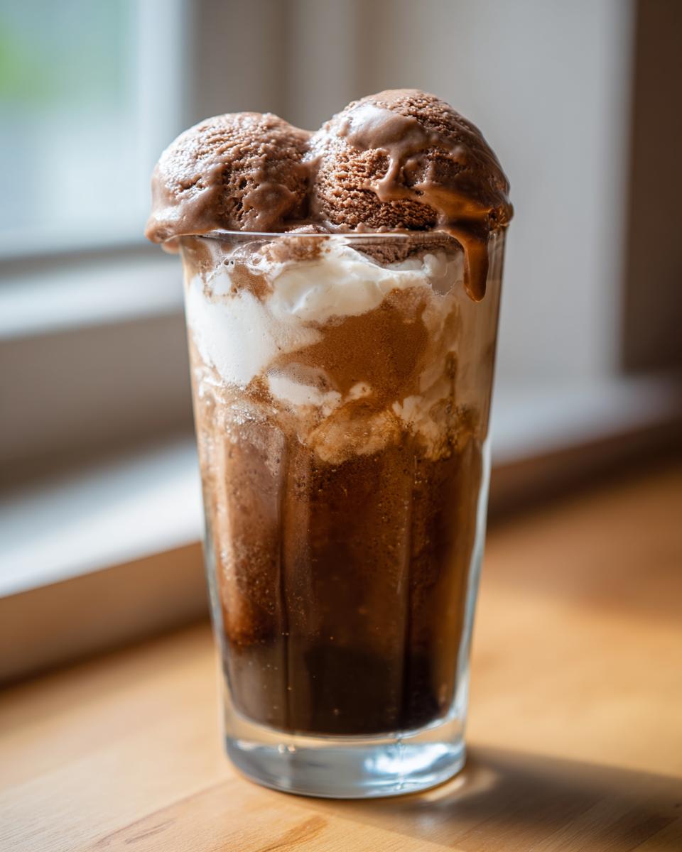 A tall glass of Guinness Chocolate Stout Float topped with chocolate ice cream.