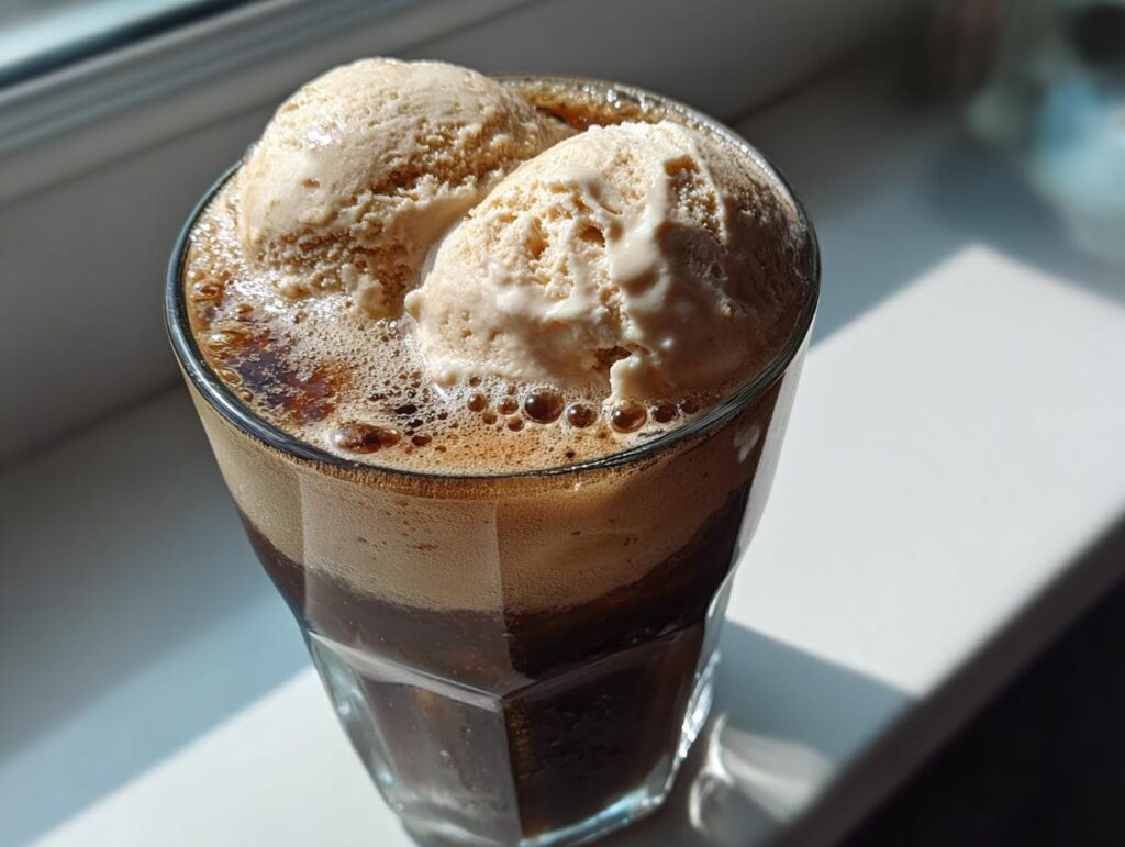 Close-up of a Guinness Chocolate Stout Float with ice cream.