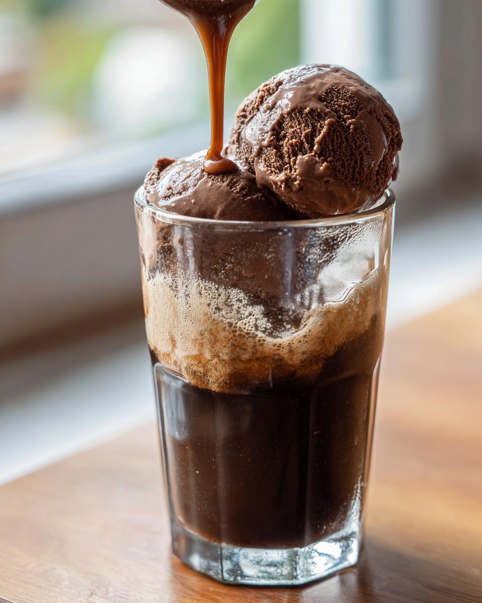 Close-up of a Guinness Chocolate Stout Float with chocolate ice cream and caramel drizzle.