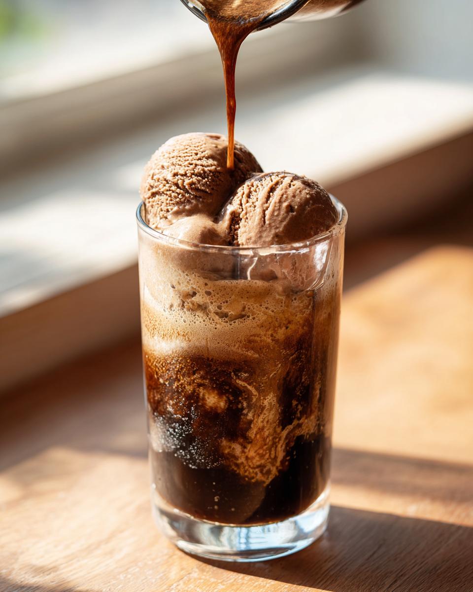 A Guinness Chocolate Stout Float being made, with stout being poured over chocolate ice cream.
