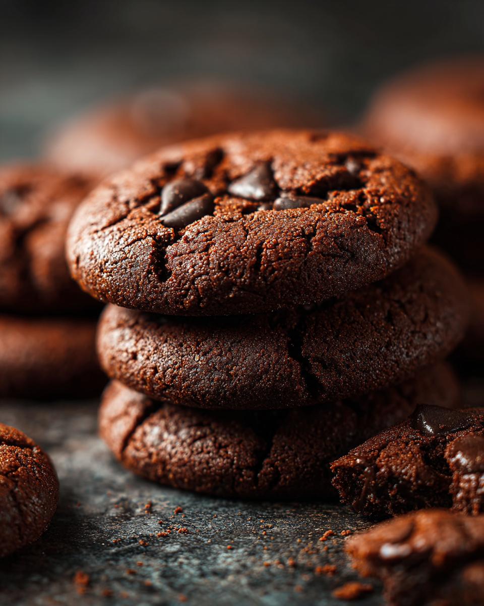 Close-up of a stack of Guinness Molasses Cookies, rich and chocolatey, with chocolate chips.