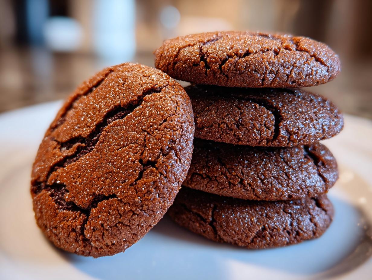 A stack of freshly baked Guinness Molasses Cookies on a white plate.