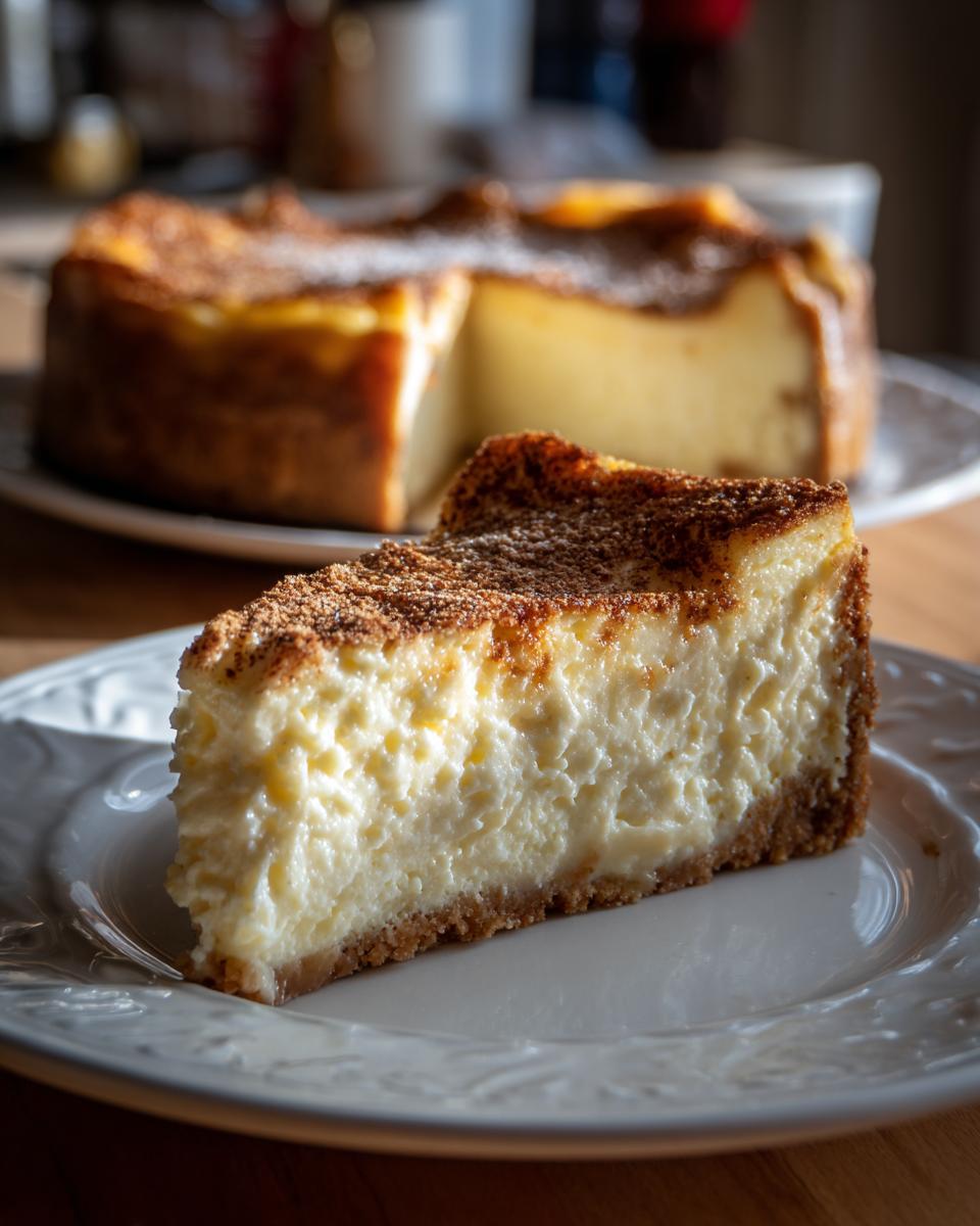 A slice of delicious Irish Cream Cheesecake on a white plate, with the whole cheesecake in the background.
