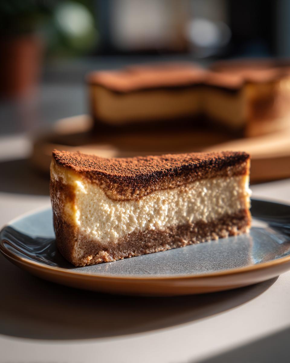Close-up of a slice of Irish Cream Cheesecake on a plate, showing layers and cocoa dusting.
