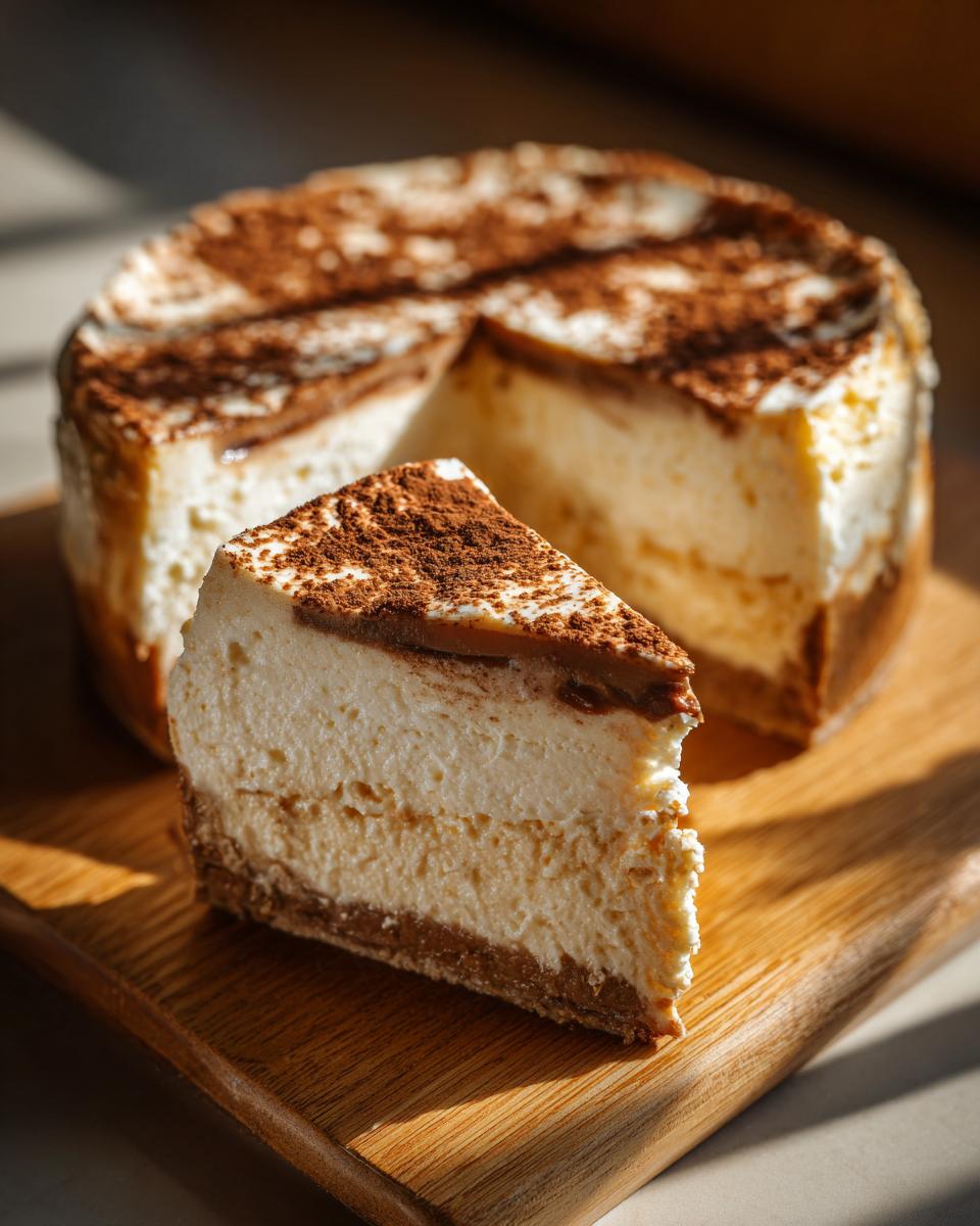 A slice of Irish Cream Cheesecake on a wooden board, showcasing the creamy filling and chocolate dusting.