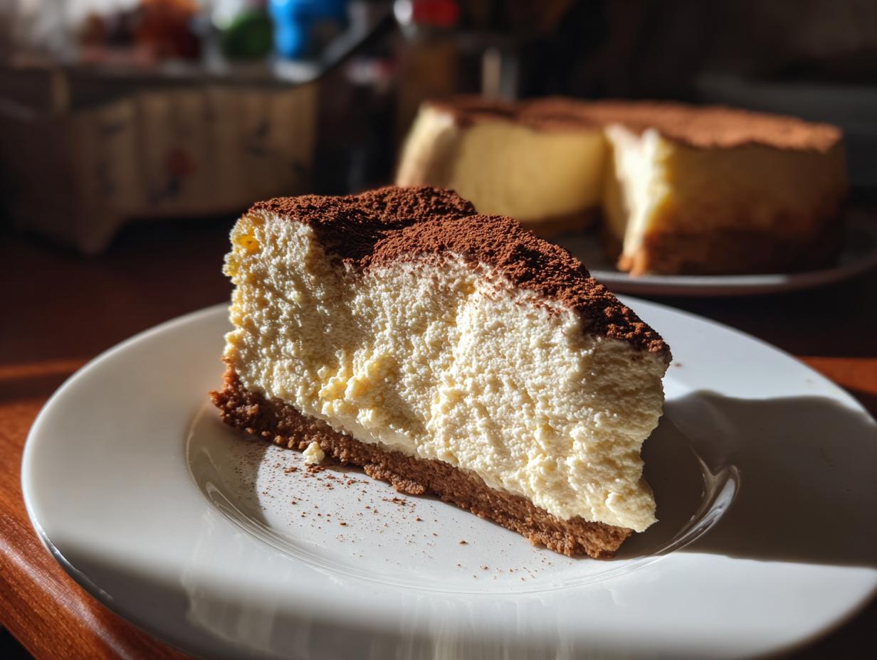 A slice of Irish Cream Cheesecake on a white plate, dusted with cocoa powder.