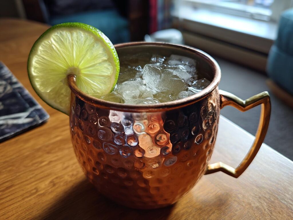 Close-up of an Irish Mule cocktail in a copper mug with a lime garnish; the perfect Irish Mule.