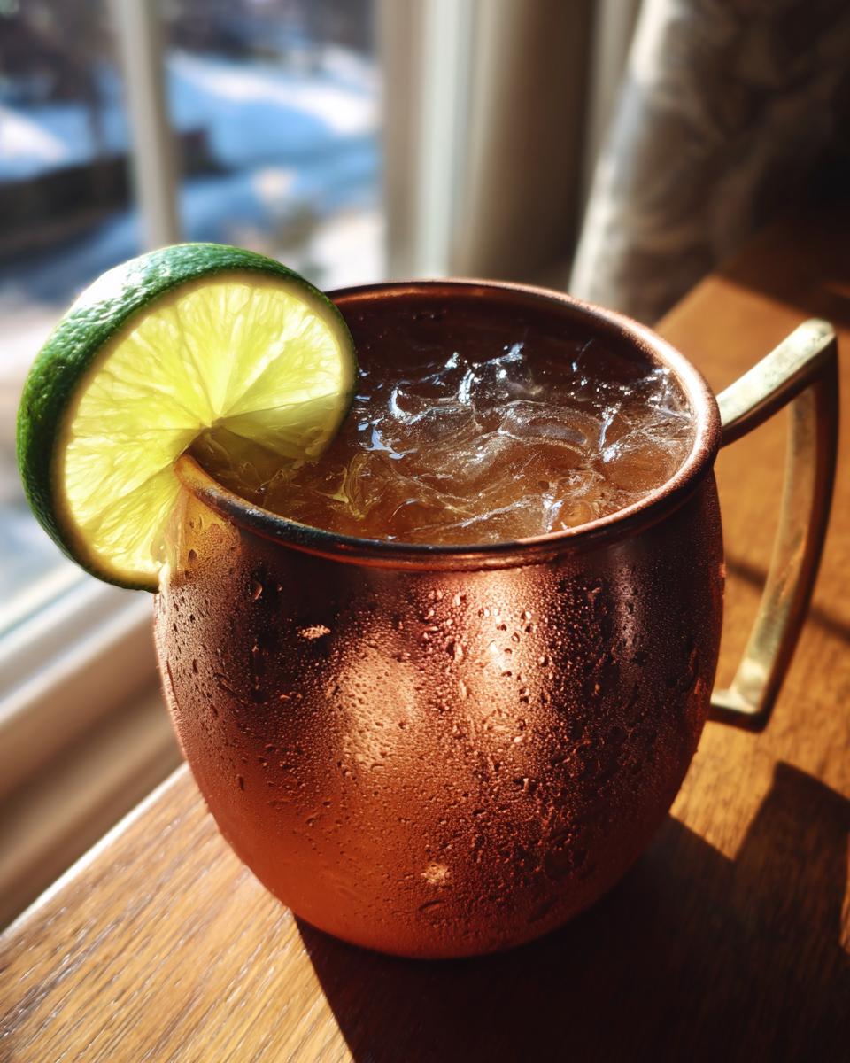 Close-up of an Irish Mule cocktail in a copper mug, garnished with a lime slice.
