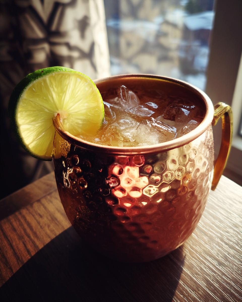 Close-up of an Irish Mule cocktail in a copper mug, garnished with a lime slice. Perfect refreshing drink.