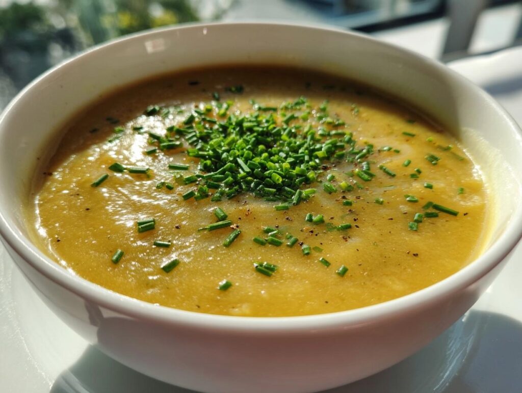 Close-up of a bowl of Irish Potato and Leek Soup, garnished with fresh chives.