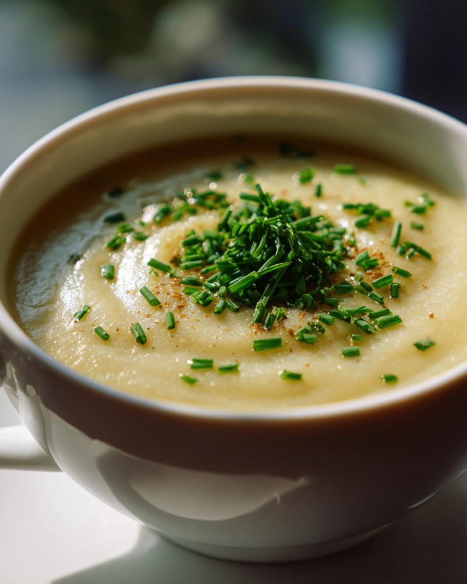 Close-up of a bowl of creamy Irish Potato and Leek Soup garnished with chives.
