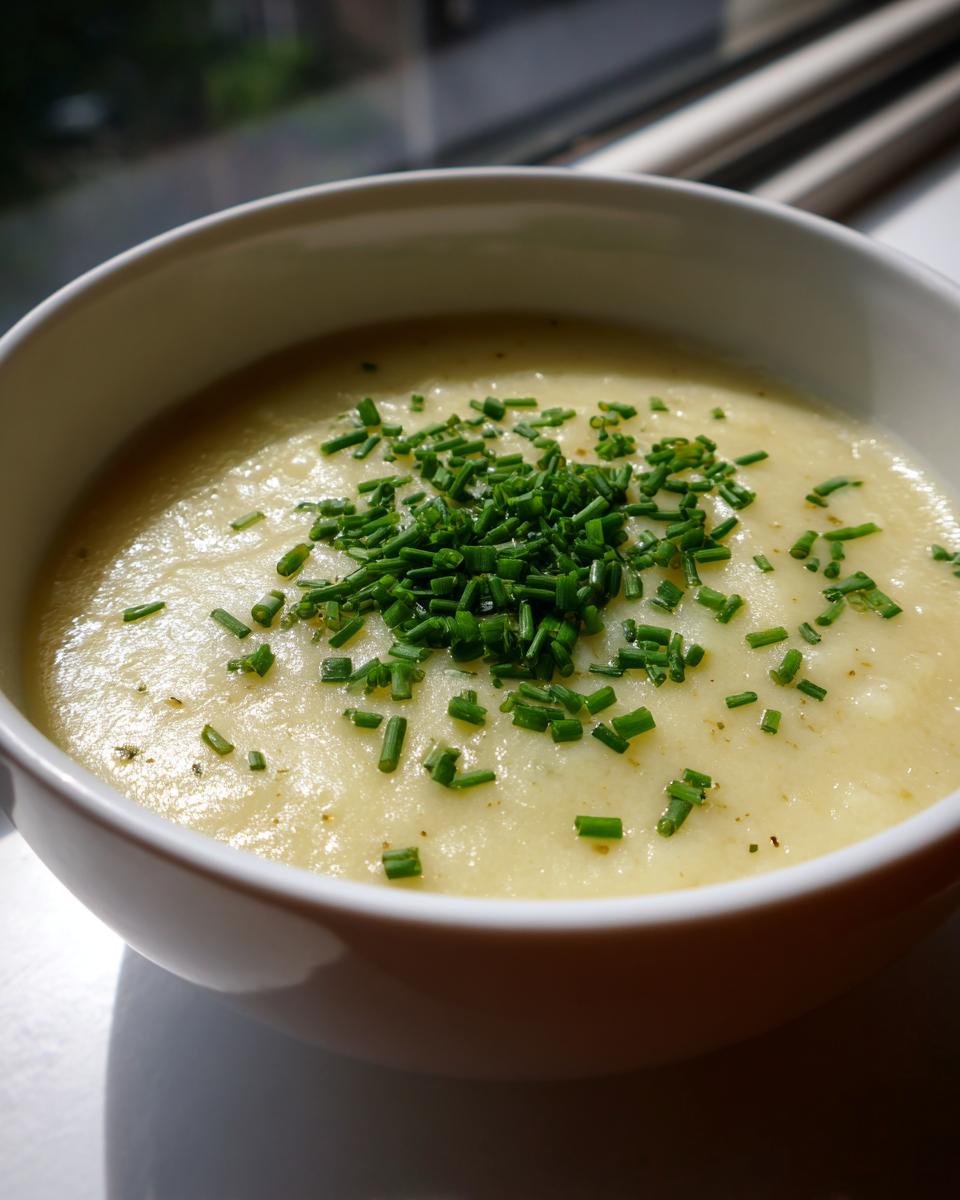 A bowl of creamy Irish Potato and Leek Soup topped with fresh chives.